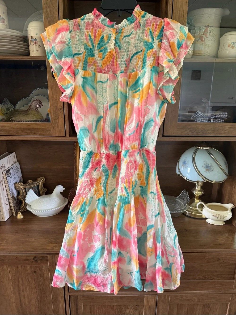 Entro Pastel Watercolor Floral Smocked Mini Dress Ruffle Flutter Sleeve Small